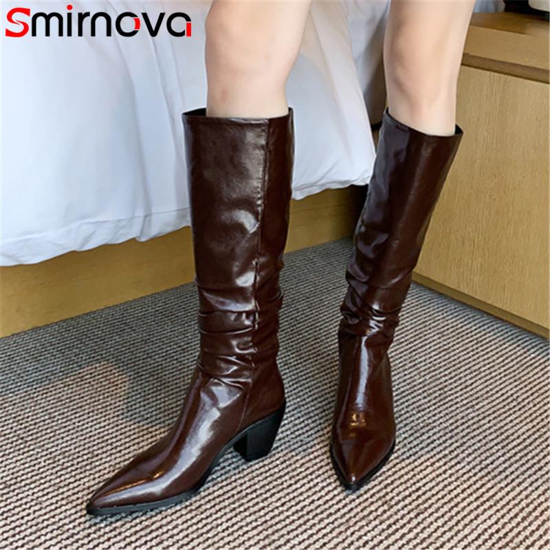 

Smirnova 2021 newest pleated knee high boots women pointed toe thick heel fashion shoes genuine leather Western boots woman, Red brown with fur