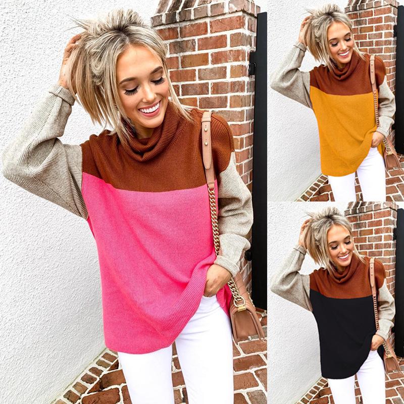 

Turtle-neck Patchwork Knitted Fashion Slim Pullovers Ladies Autumn Warm Sweater Pull Tops Winter Loose Causal Sweaters Jumper, 101277-rose red