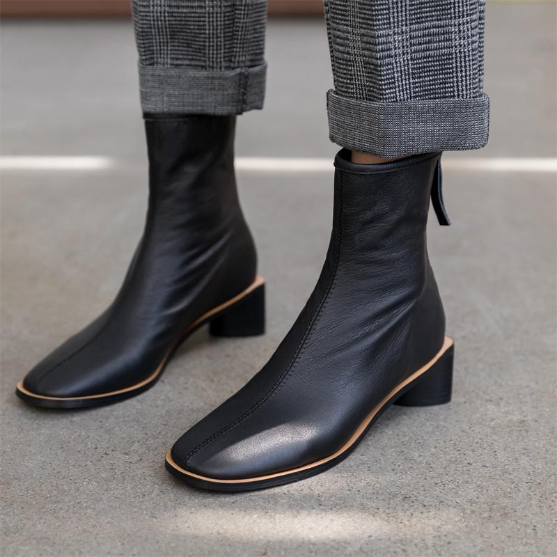 

2021 Hot Winter New Style Square Toe Solid Ankle Boots Women Slip On Genuine Leather Women Shoes Botas Mujer, Single lining