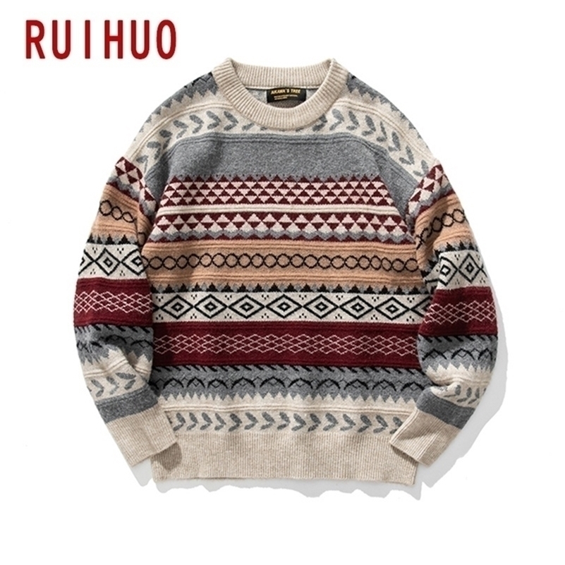 

RUIHUO Autumn Winter Knitted Striped Vintage Sweater Men Clothes Pullover Men Sweater Casual Men's Sweater Knit -2XL 201201, Gray