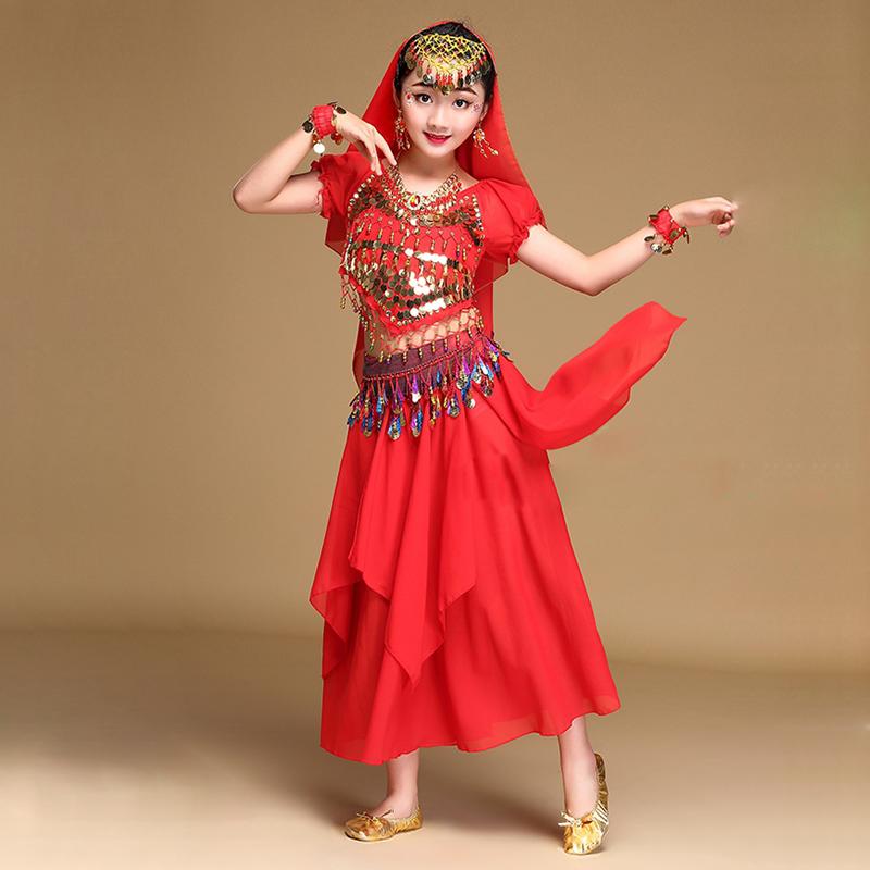 

Sari Dancewear Kids Outfits Bollywood Clothing Children Belly Dance Costume Sets 5pcs (Top Belt Skirt Veils Bracelets, Red