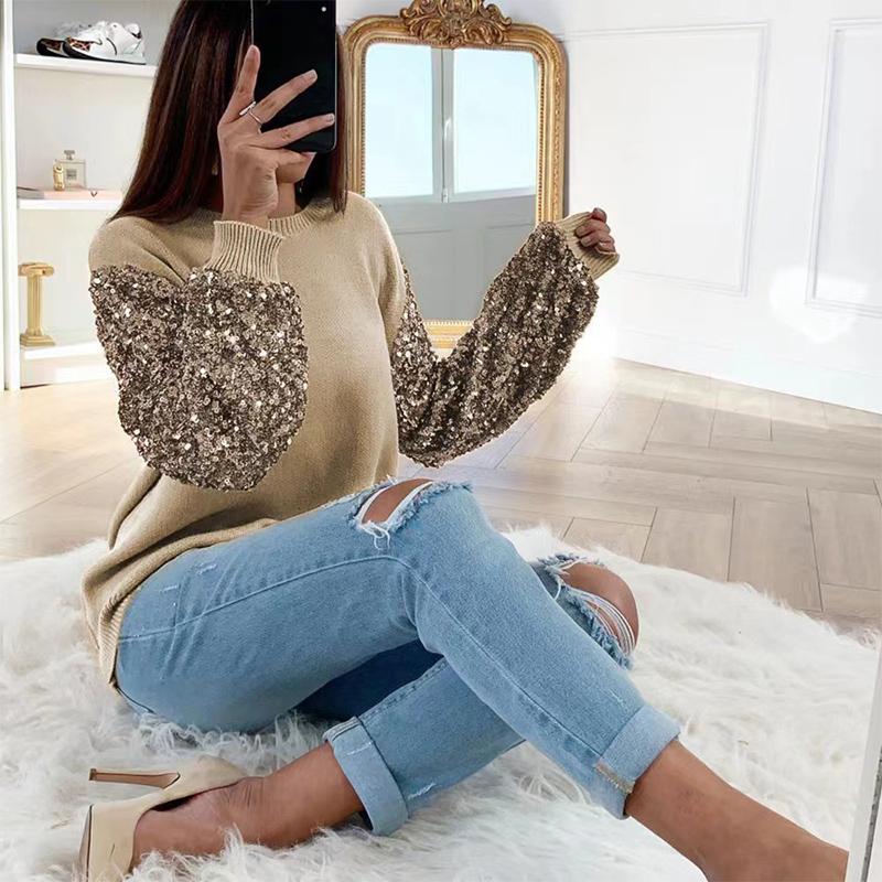 

Women's Sweaters Fashion Lady Solid Casual O-Neck Pullover TopsSequins Patchwork Long Sleeve Sweater Autumn Winter Women Elegant Knitwear Ju, White;black