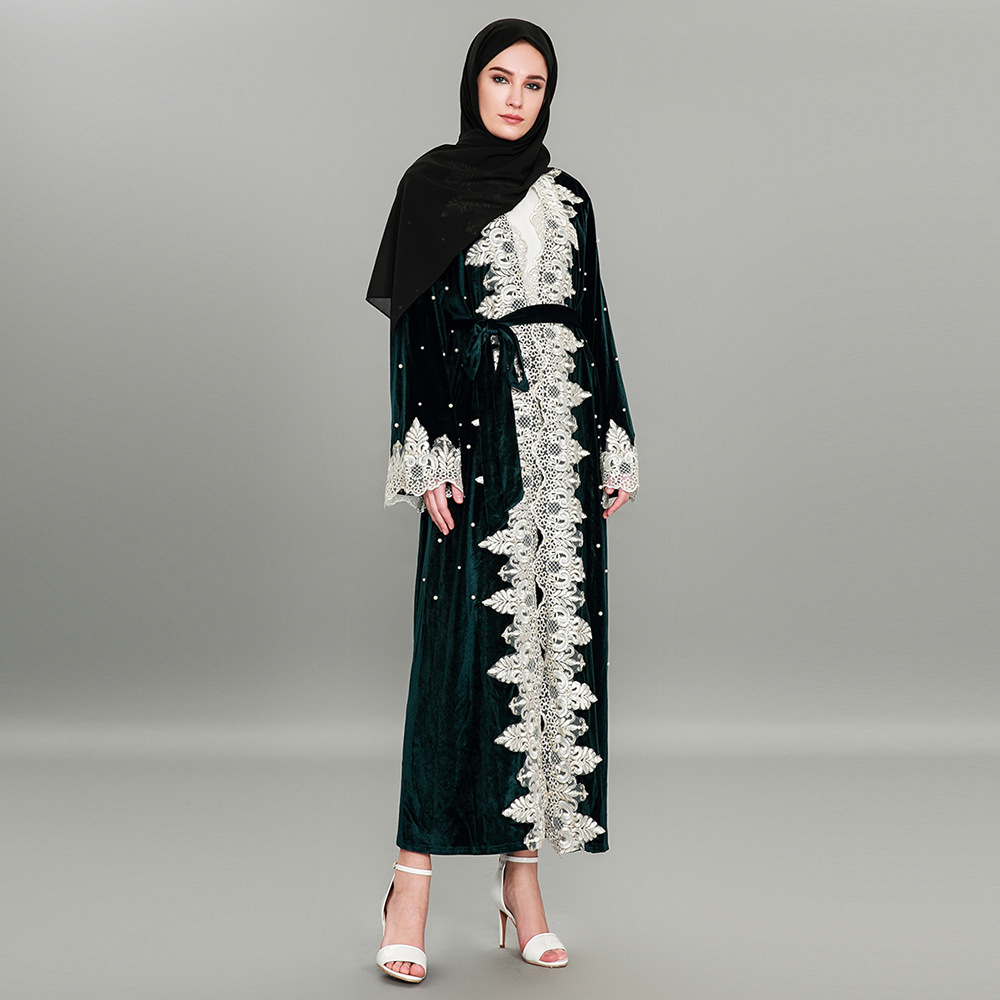

Elegant Lace Beading Muslim Abaya Women Velvet Kimono Long Robe Jubah Caftan Dubai Islamic Clothing Splice Turkish Hijab Dress, Black;gray