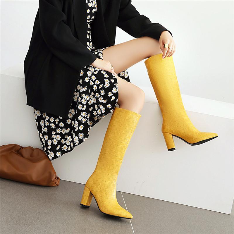 

YMECHIC 2020 Winter Thicker Shoes Fashion High Heel Boots PU Embossed Leather Pointed Toe Yellow Green Sexy Long Boots Botas 431, Huang jia mao