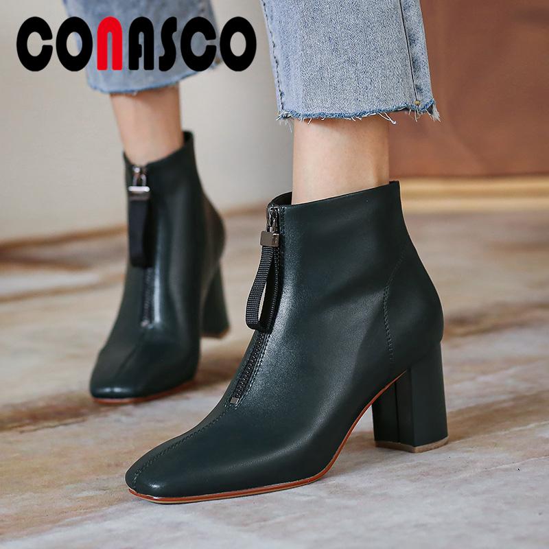 

CONASCO Concise Women Ankle Boots Genuine Leather Shoes Woman Autumn Winter Office Elegant Thick Heels New Front Zipper Boots, Black