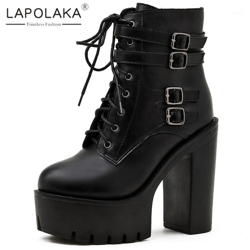

Lapolaka Fashion 2021 Street Fashion Top Quality Motorcycle Bootie Ladies Buckle Platform High Heels Luxury Boots Woman1, Black