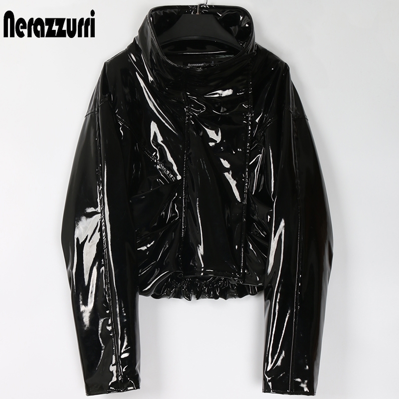

Nerazzurri Zip up patent leather jacket women long sleeve Short oversized plus size fashion Fall women clothes dropshipping 210201, Black