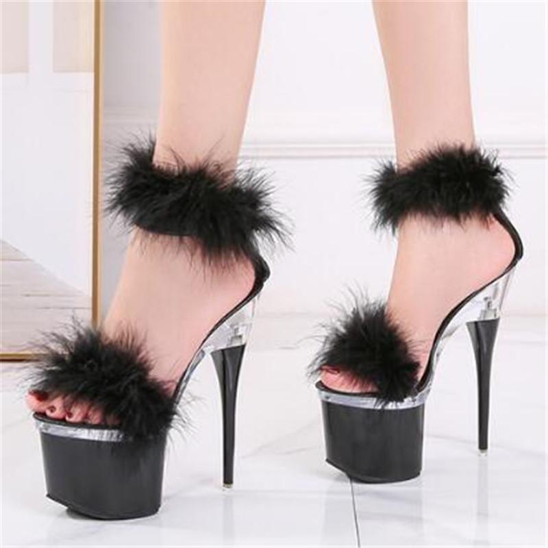 

Sexy word buckle sandals women 2021 summer new Patent Leather 17.5CM Thin Heels waterproof platform Plush Party Women Shoes, Black
