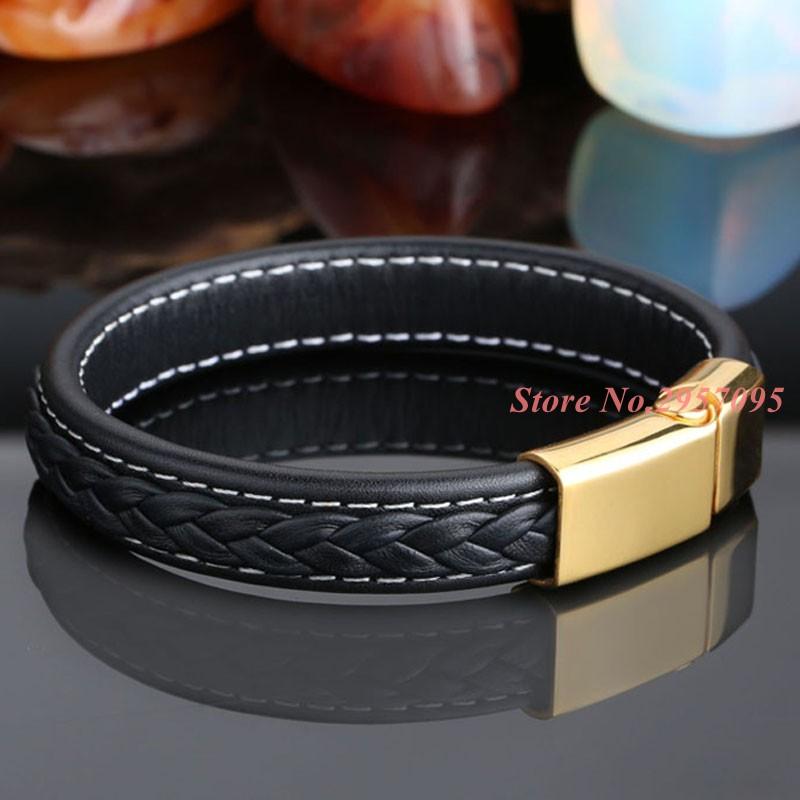 

Men Bracelet Black Braided Genuine Leather Rope Chain Bracelet Stainless Steel Wire Rope Bracelets Male Jewelry