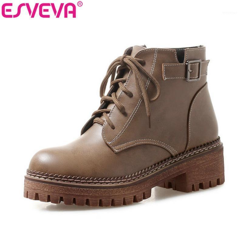 

ESVEVA 2020 Woman Boots Buckle Round Toe Western Style Shoes Winter Women Ankle Boots Shoes Platform Square High Heels 34-431, Khaki
