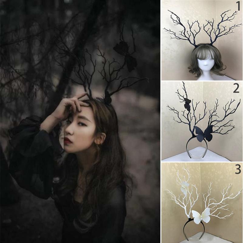 

Gothic Antler Butterfly Headdress Deer Horn Tree Branches Headband Jewelry Vintage Wedding Cosplay Halloween X-mas Accessories