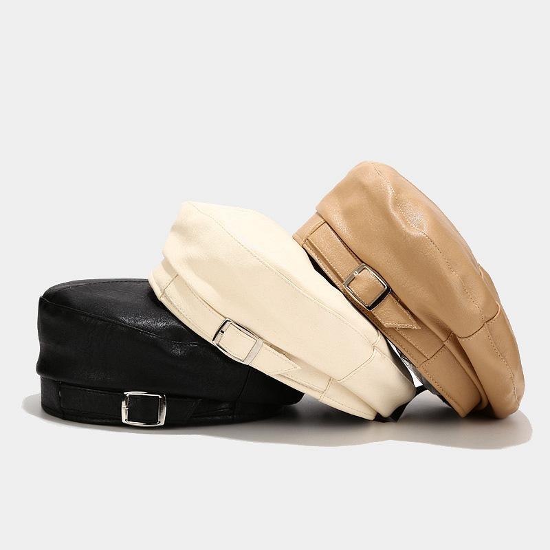 

Autumn And Winter Solid leather buckle beret painter hat octagonal hat women and girl 061, Black