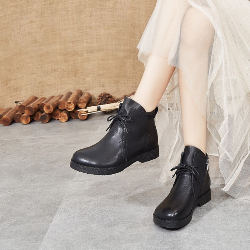 

retro boots women 2020 winter new wild leather short boot beef tendon soft bottom lace-up casual flat short boots women, Black