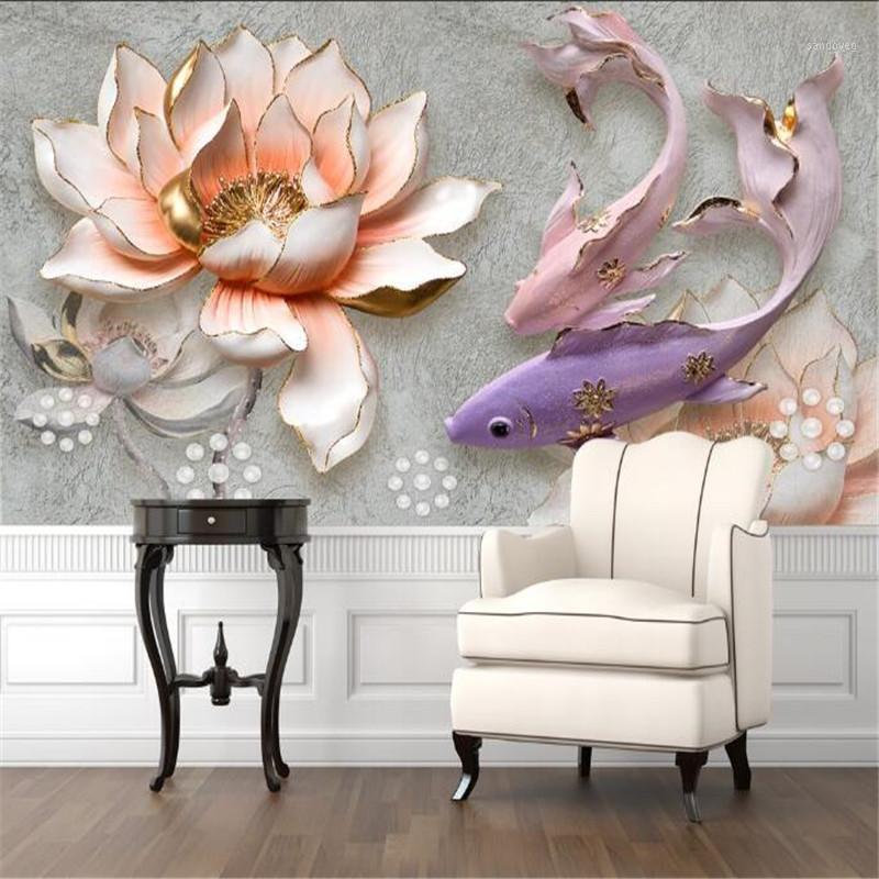 

Custom Chinese 3D Relief Lotus Fish Photo Wallpapers for Living Room TV Background Walls 3D Wall Cloth Wall Papers Home Decor1, As pic