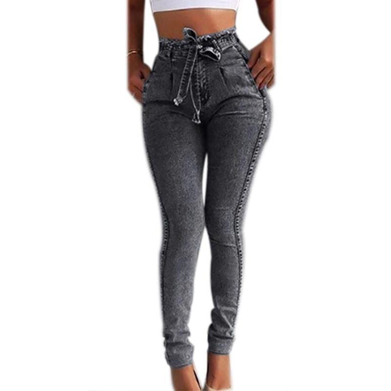 

MoneRffi 2020 Spring High Waist Jeans For Women Slim Stretch Denim Jean Bodycon Tassel Belt Bandage Skinny Push Up Jeans Woman, Blue