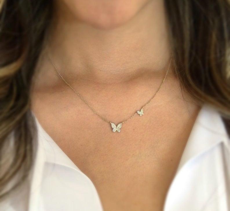

2 PCS tiny cute Butterfly charm necklace Gold CZ Fashion Women Collar chain lovely animal design necklaces