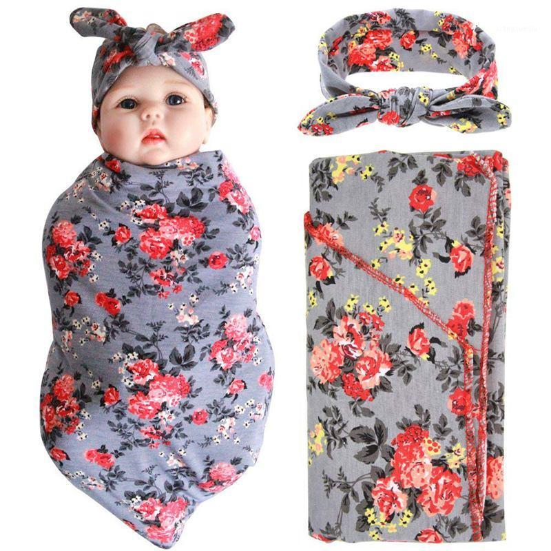 

Newborn Baby Swaddle Blanket and Headband Value Set,Receiving Blankets,gray Flower1