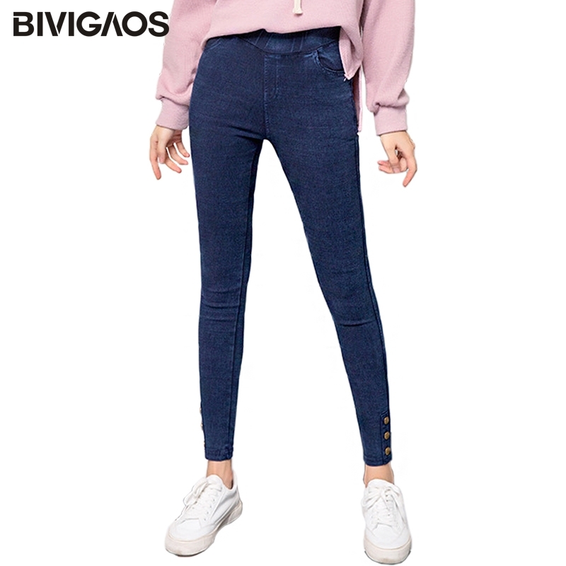 

BIVIGAOS Autumn New Trouser Legs Buttons Stretch Jeans Leggings Snowflake Faux Denim Pencil Pants Jeggings Women Plus Size 210203, Black gray