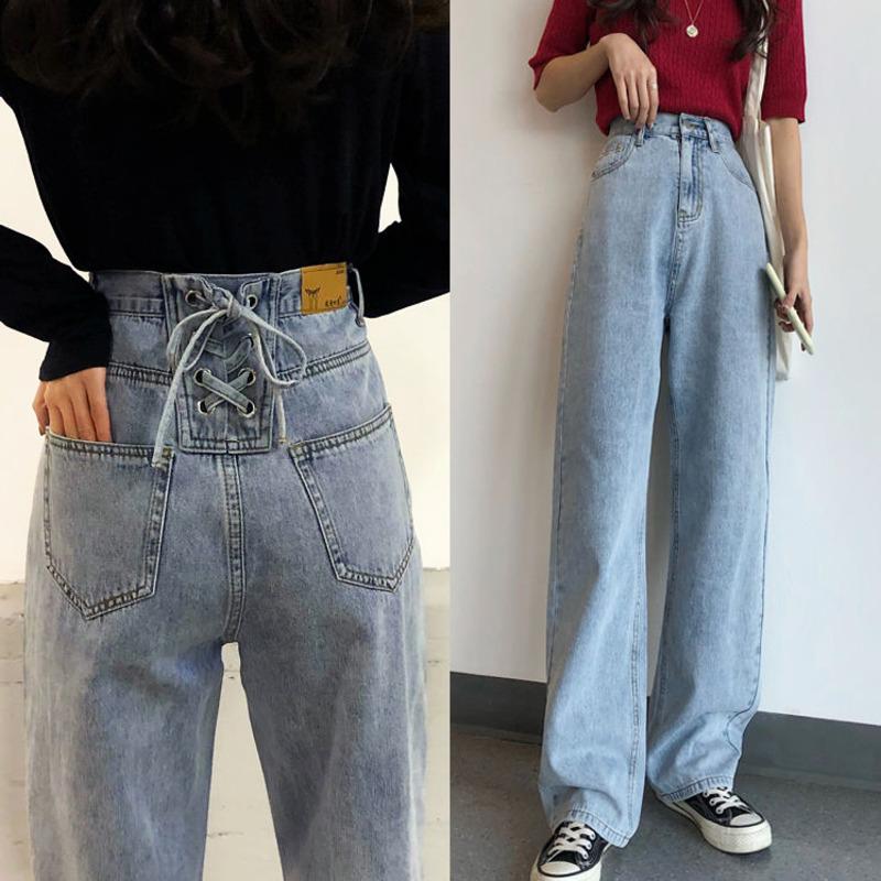 

Women' Baggy Jeans Blue Cotton Denim Pants Female Lace Up Casual Loose Plus Size Spring Autumn Vintage Wide Leg Trousers