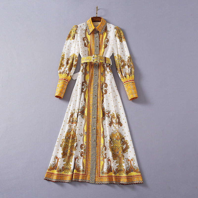 

European and American women' wear 2020 winter new style Lantern sleeve long sleeve lapel The belt Fashion retro print dress, Yellow