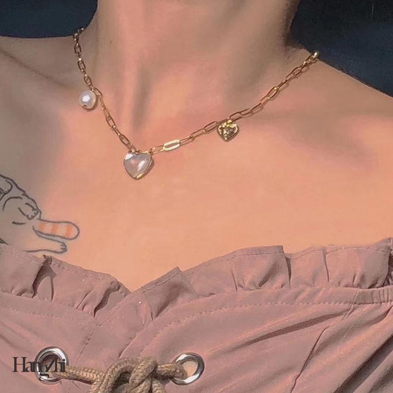 

HangZhi 2020 New Korea Sweet Summer Necklace Natural Shell Double Pendant Love Necklace For Women Girls Party Hot Jewelry Gifts