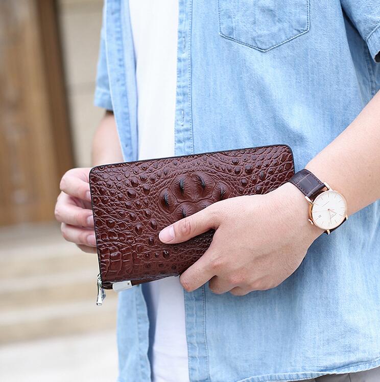 

wholesale men handbag Fashion crocodile business wrist bag double zipper leather mens wallets England Style crocodiles leathers storage purse, Brown(boutique box)