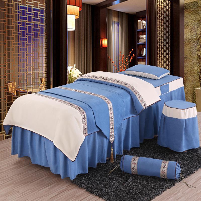 

New beauty bed bedspreads cotton beauty Duvet Cover set Bed Skirt for salons 4pcs Embroidery solid color brief #382, Blue