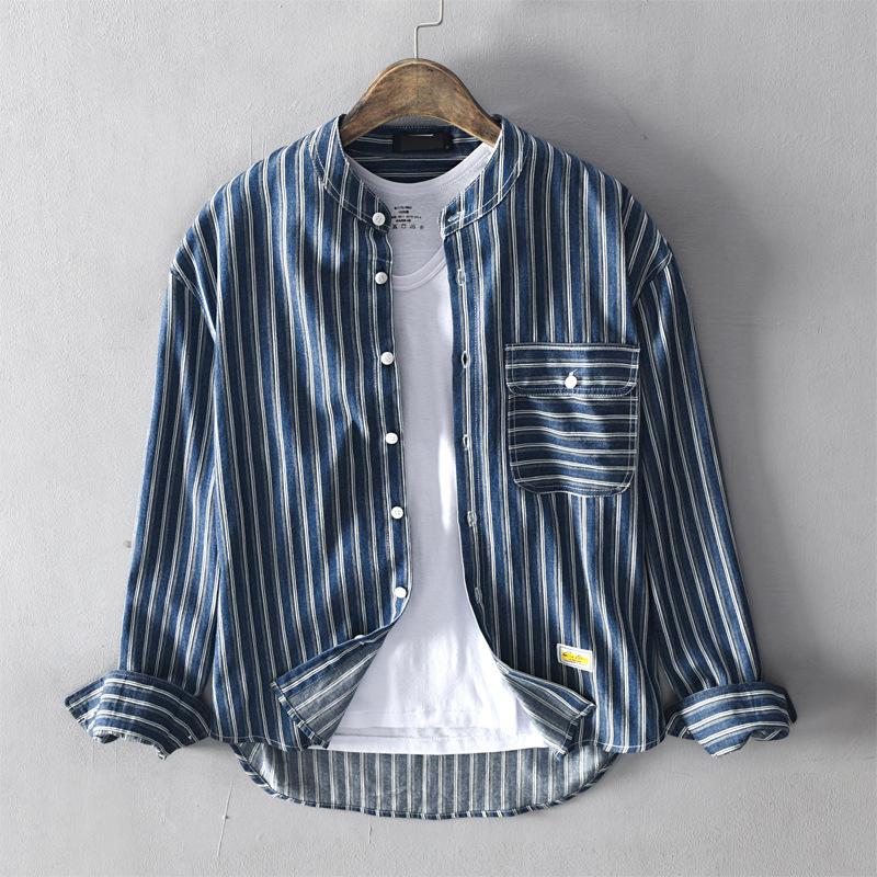 

Fahsion Mandarin Collar Striped 100% Cotton Shirt Men Long Sleeve Men's Business Dress Shirts Male Tops Camisas Para HombrTS-699, Blue