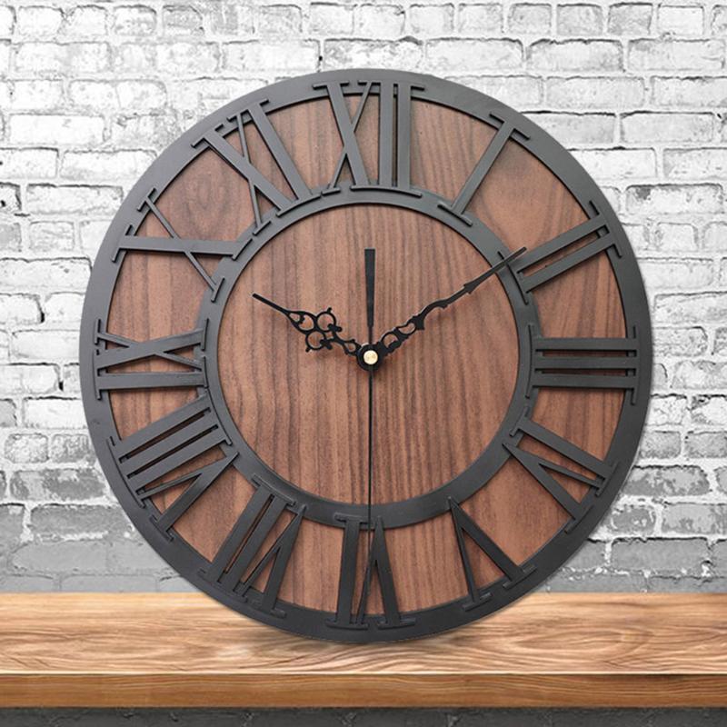 

European Retro Wooden Roman Digital Craft Wall Clock Living Room Decorative