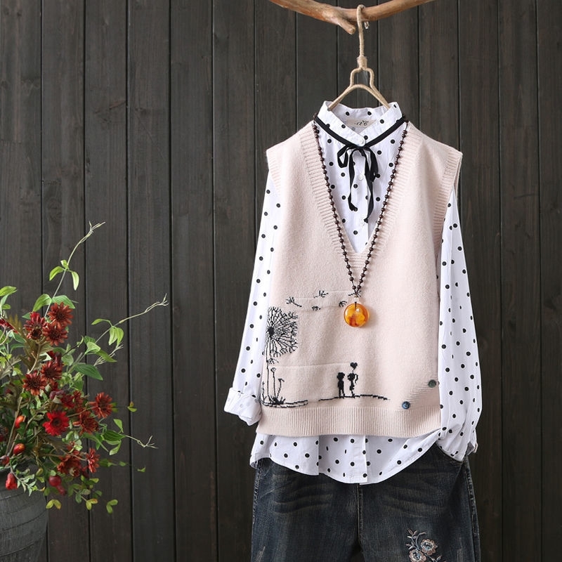 

Fashion Embroidery V-neck Knitted Sweater Vest Female Literary Fan Loose Sleeveless Cartoon Pattern Sweater Vest Women Spring 201111, Green