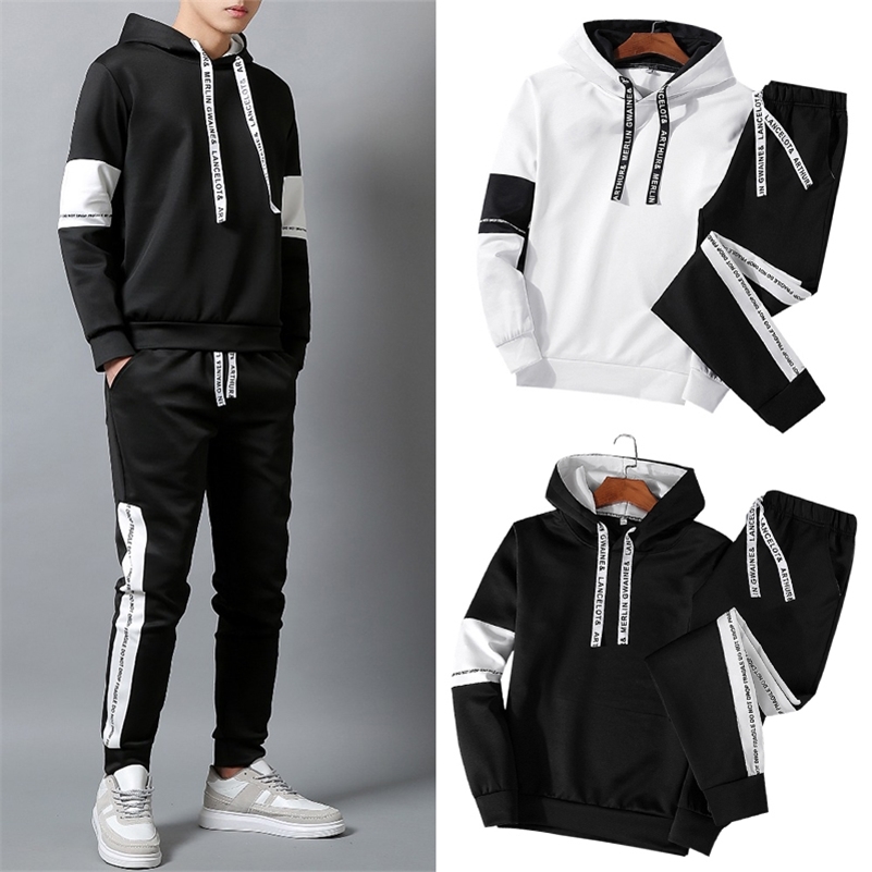 

Casual Mens Clothing 2 Pieces Sets Tracksuit for Men Sets Hooded Sweatshirt Pullover Hoodie+pants Sportwear Suits Ropa Hombre 201109, Black white