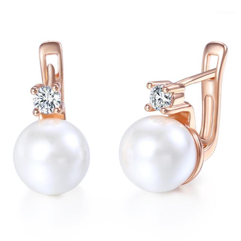 

Womens Elegant White Simulated Pearl Stud Earrings Cubic Zirconia CZ 585 Rose Gold Filled Earrings For Girls Jewelry Gift GE128A1