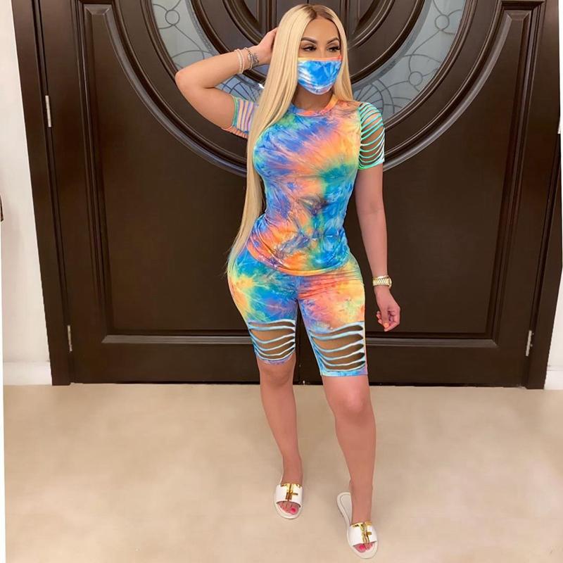 

Sexy Short Two Piece Outfits Streetwear Tie Dye 2 Piece Set Top and Biker Shorts Set Summer Clothes for Women 2021 Matching Sets, Blue