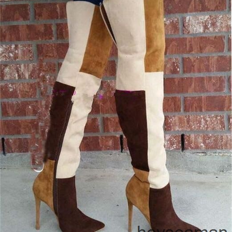 

Boots Color contrast pointed thin heel fashion show street shooting knee high top boots winter MQWJ, 2# shoe box