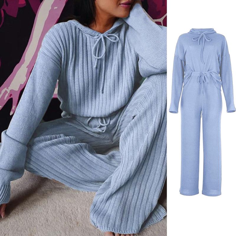 

Women Ribbed Knit 2Pcs Pajamas Drawstring Hoodie Top Wide Leg Pants Loungewear, Champagne