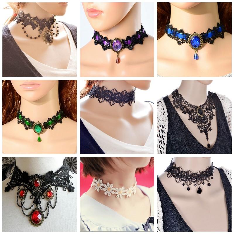 

Flowers Crystal Black Lace Neck Choker Necklace Gothic Chokers Black Beaded Vintage Victorian Women Choker Steampunk Jewelry