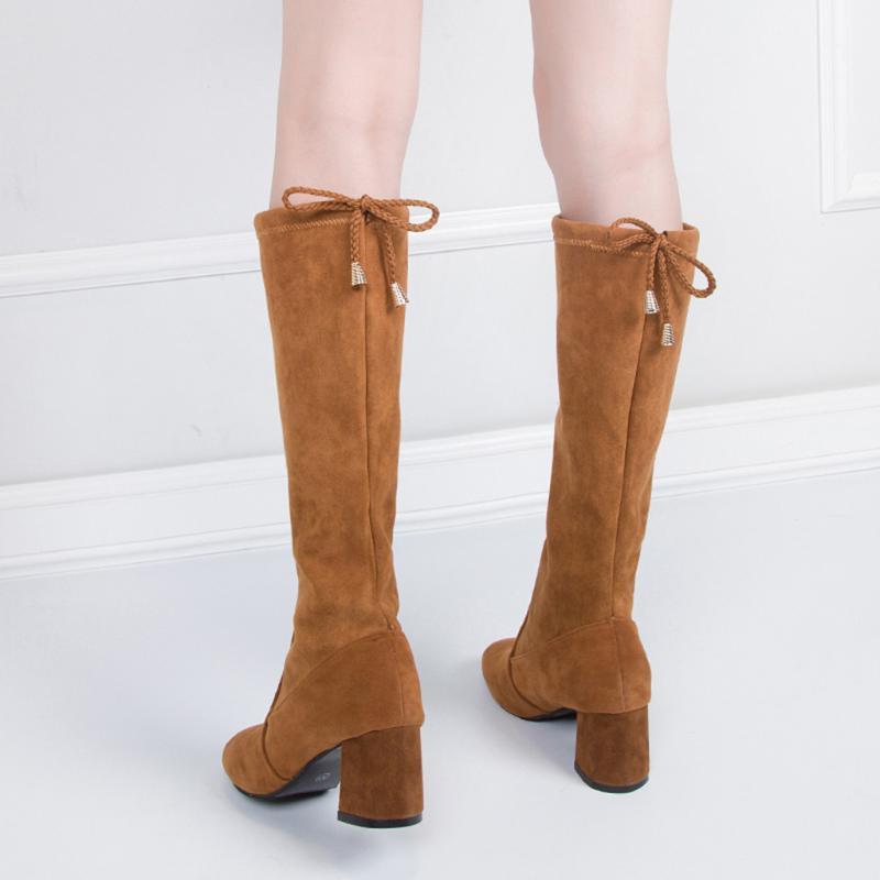 

Bow Back Knee HIgh Boots Women 2020 Winter Flock High Heel Boots Women Shoes Female Solid Slip On Long Botas Mujer1, Black