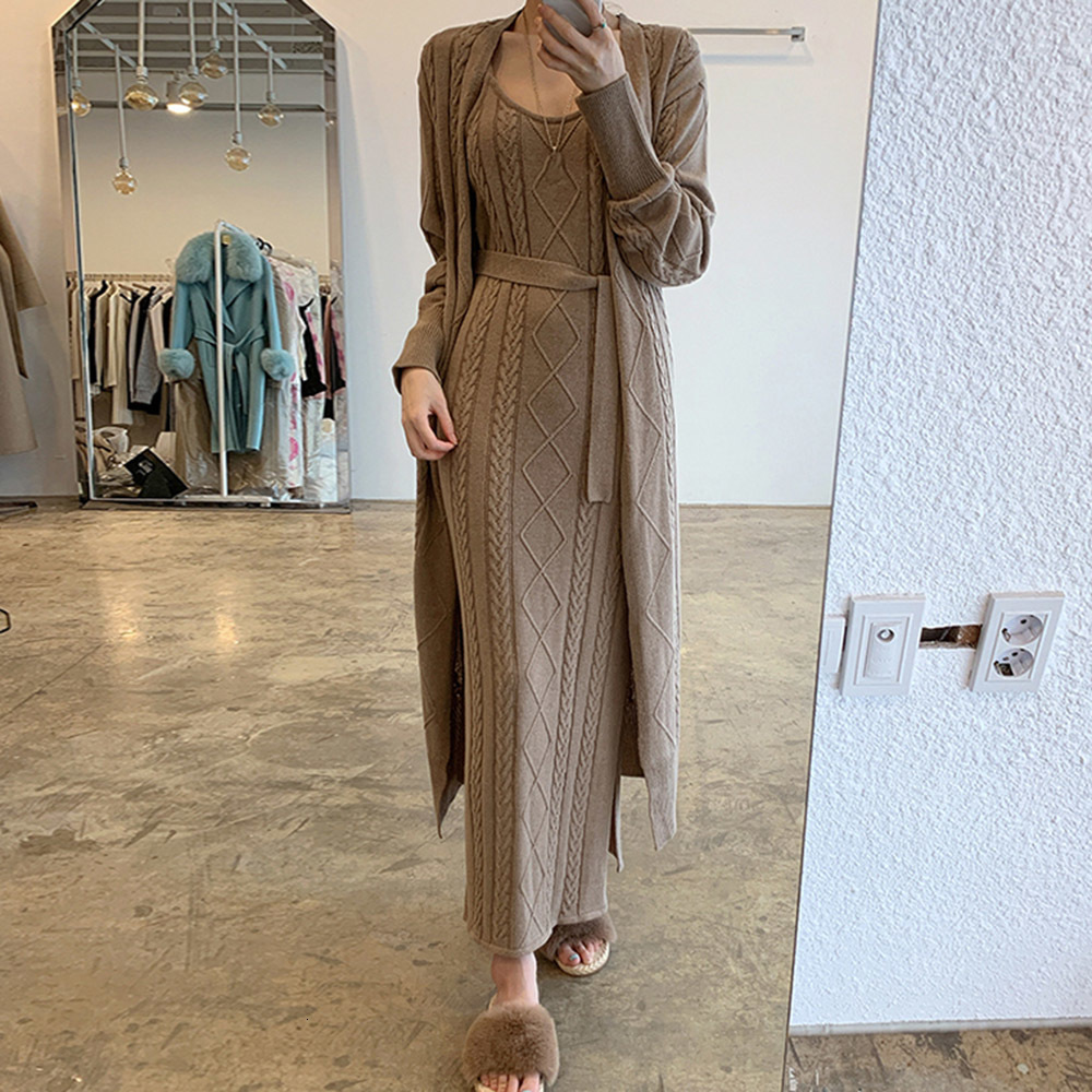 

2021 New Autumn Winter Fashion Sweater Suit Open Front Long Knitted Cardigans Sleeveless Knitting Dress Piece Set Belt G19K, Khaki