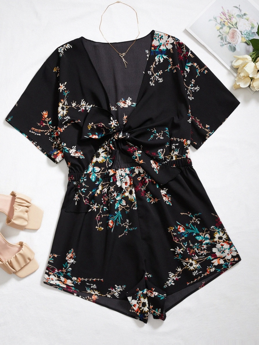 

Plus Floral Print Tie Front Jumpsuit K98r#, Black
