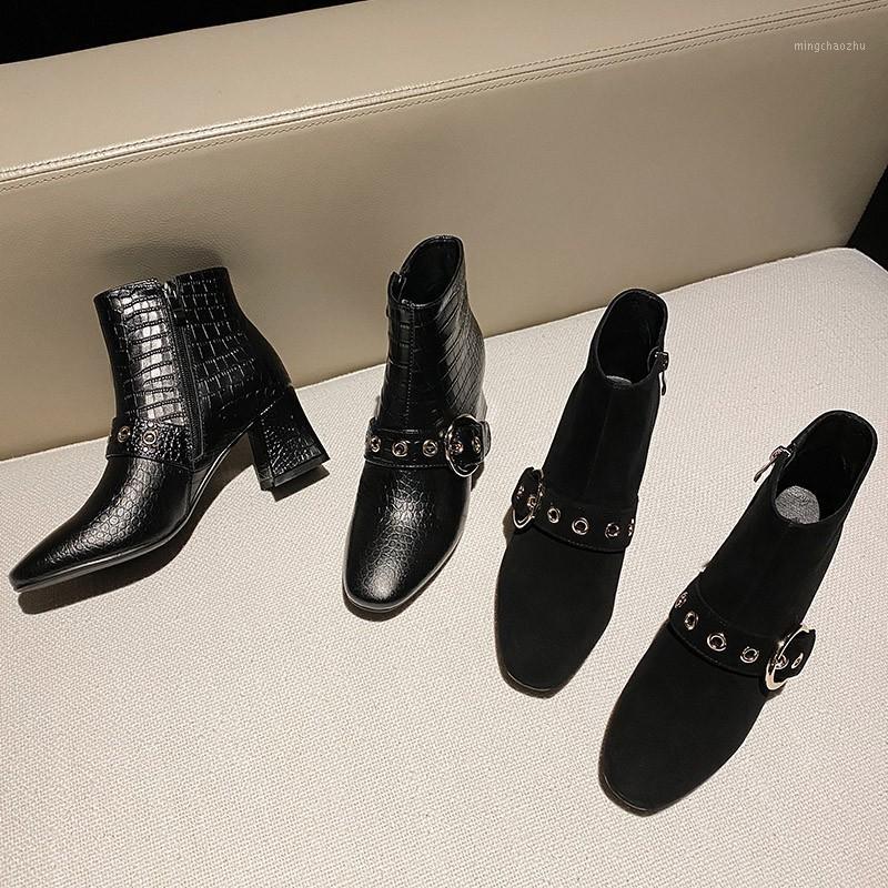 

Handmade quality 2020 women shoes ankle boots Side zipper genuine leather block high heels ladies black booties plus size 32 411, Sheep suede