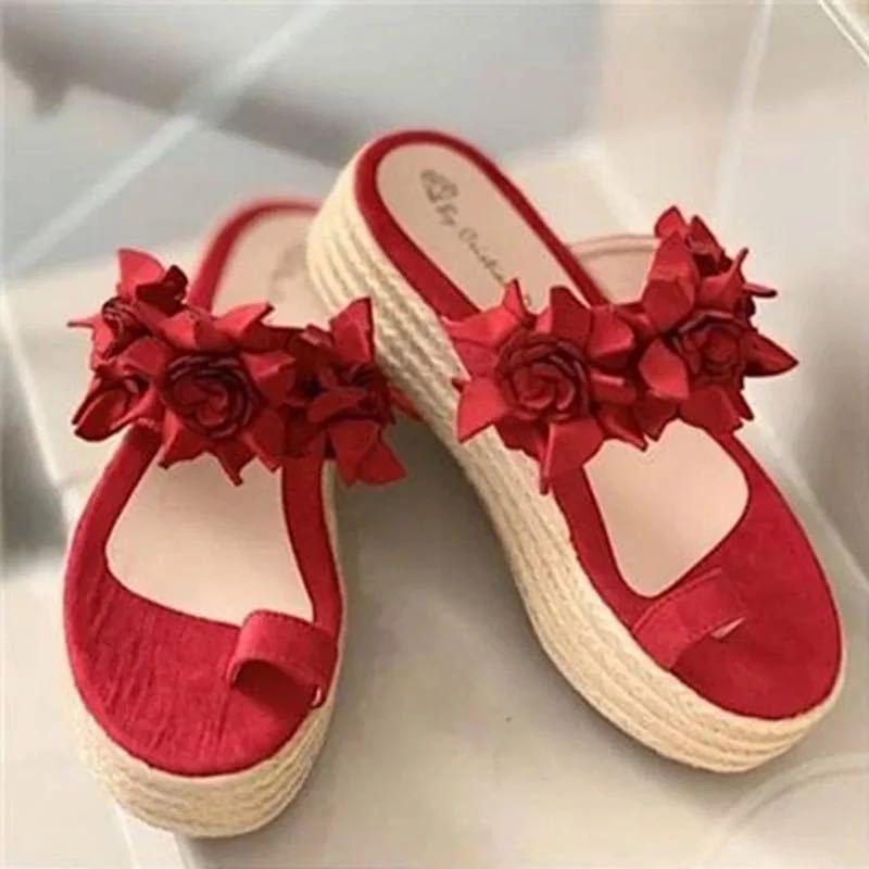 

Women's Sandals Summer Open Toe Fashion Comfortable Casual Slip On Flower Flock Flat Platform Thong Shoes Female Sandalias, Black