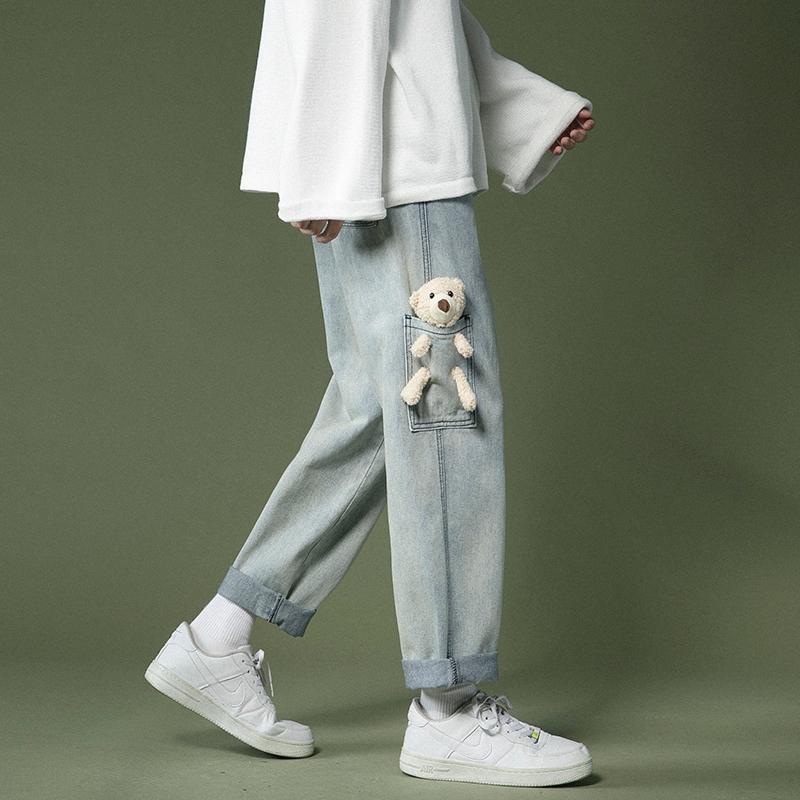 

Japanese Mori Girl Cute Bear Washed Denim Jeans New Preppy Style Loose High Waist Casual Cartoon Trousers, Black jeans