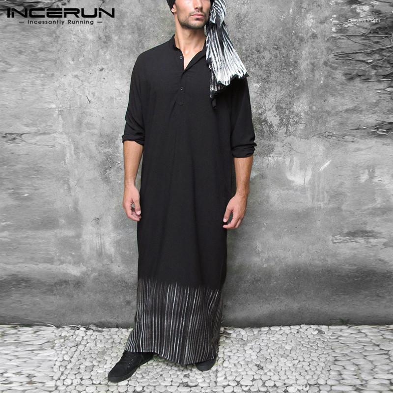 

INCERUN Men Muslim Jubba Thobe Striped Printed V Neck Long Sleeve Robes Dubai Islamic Arab Kaftan Middle East Men Clothes S-5XL1