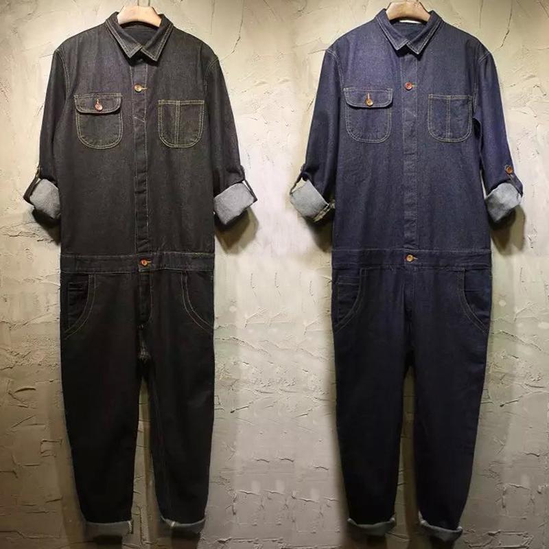 

New fashion spring and autumn casual solid color large size tooling denim jumpsuit men's denim overalls jumpsuits costumes, Black