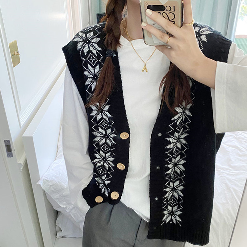 

2021 New Floral women's sweater cardigans vest style loose sleeveless Korean autumn jacket (f1433) W68W, Black