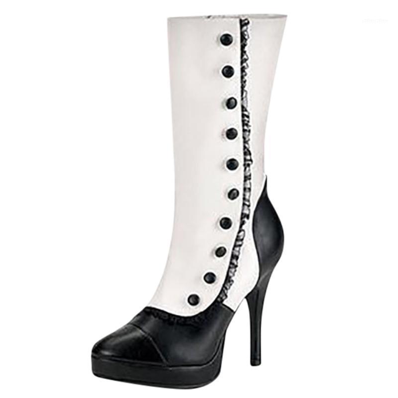 

Women's Mid-Tube Winter Boot sexy Ladies Fashion Lace Button Boots High Stiletto Heel Platform Keep Warm Long boots botas mujer1, Black