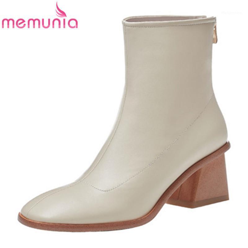 

MEMUNIA 2020 New Brand fashion ankle boots genuine leather boots thick high heels square toe women black rice white1