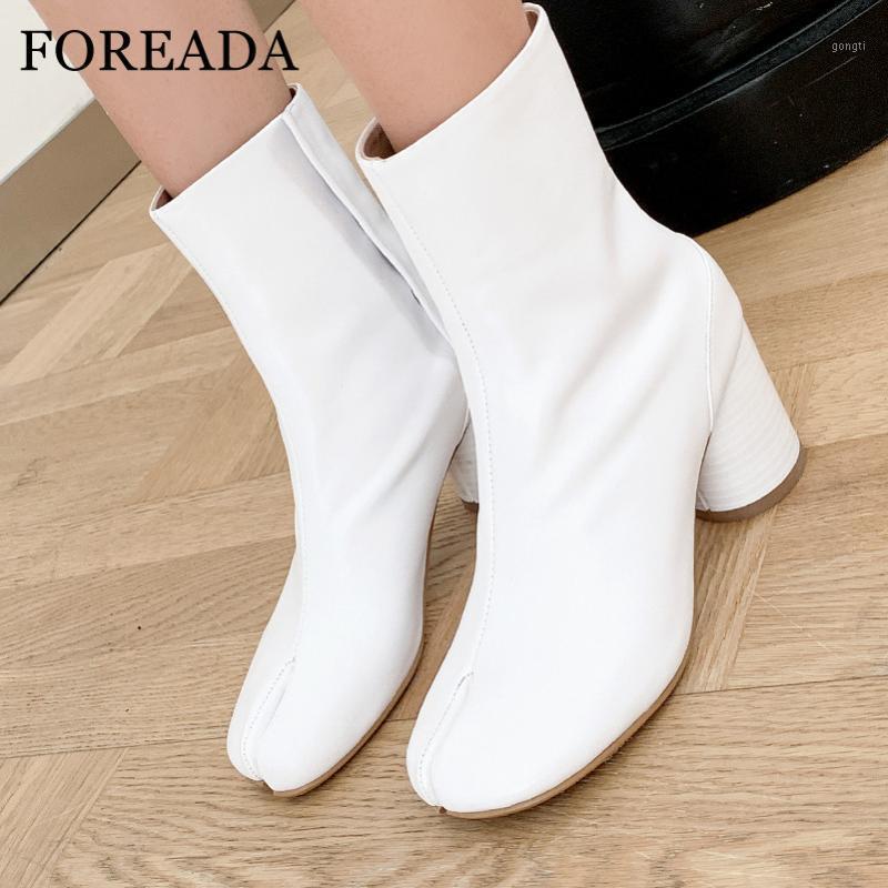 

FOREADA High Heel Woman Boots Natural Genuine Leather Ankle Boots Round Heel Short Buckle Strap Ladies Shoes White Size 411, Black velvet lining