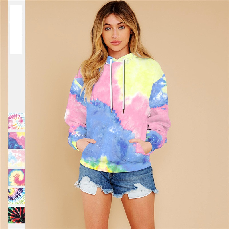 

Hoodies Women 3d Tie Dye Print Sweatshirt Oversized Drawstring Long Sleeve Winter Streetwear Tops Star Pullovers Shirt