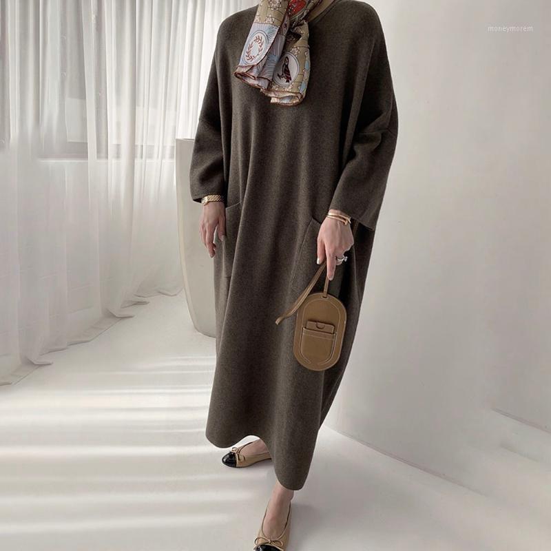 

Dress Korean 2020 New Style Loose With Pocket Long Warm Pullover Mid-Calf Plain Nine Points Sleeve Knee-Length Winter1, Brown